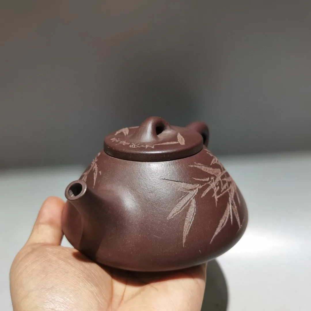 Purple teapot Yixing Purple Clay Engraved teapot Bamboo leaf patterned stone ladle pot Kettle Teapot