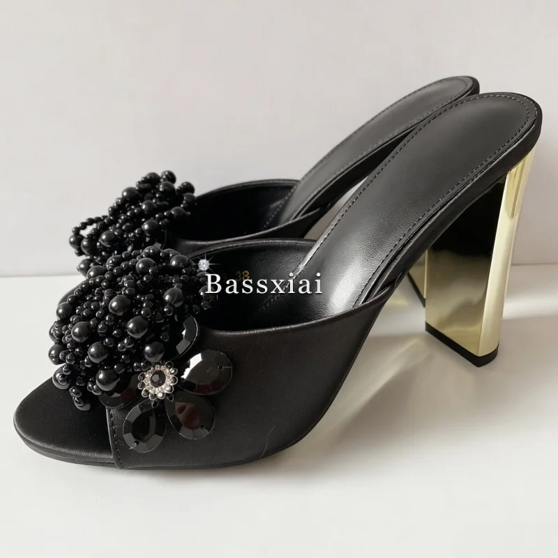 Luxury Crystal Beads Flower Sandals Women With Unique Strange Heel Slingbacks Outwear Mules For Girls Summer image 5