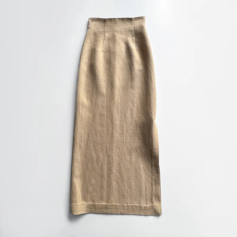 LUXURY-Linen Wool Texture Half Skirt for Women, Side Slit, Simple High Waisted Skirt, Spanish Atmosphere, Autumn and Wi