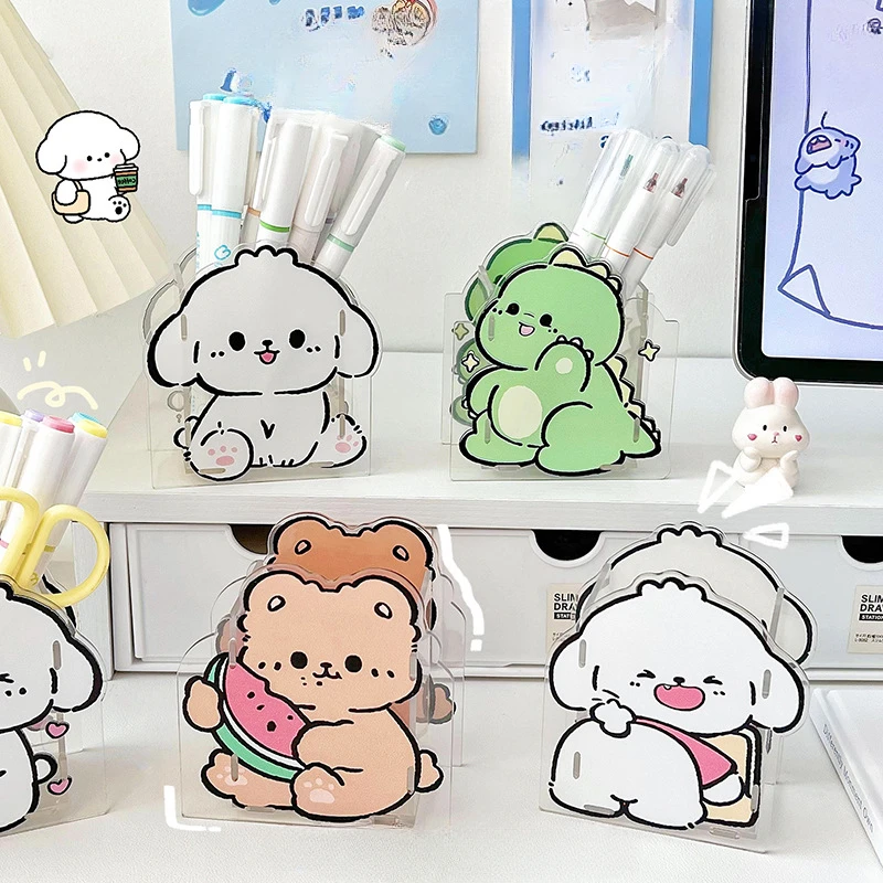 

Cute Little Dog Acrylic Pen Holder Student Transparent Pen Box Girl Heart Desktop Stationery Irregular Storage Bucket