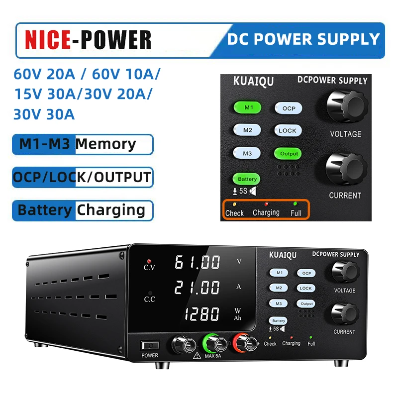 Kuaiqu 60V 20A Lab power supply OCP Memory Function Bench Power Source AC To DC 30V 30A Voltage Regulator For Battery Charing