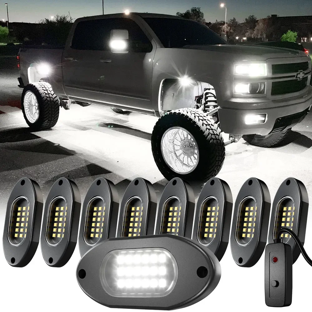 Car Rock Lights Kit 4/6/8/10/12 Pods LED Underglow Light Pod with Switch Pure White Wheel Well Light for Truck ATV UTV SUV