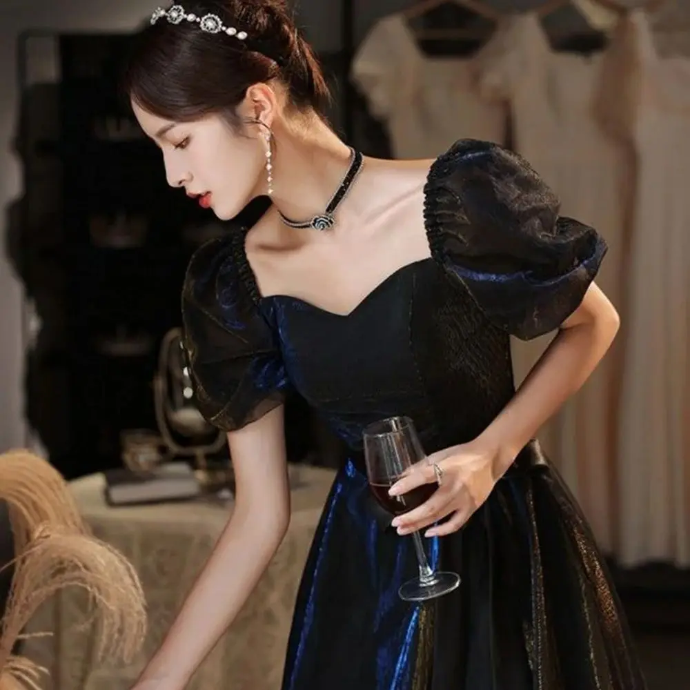 

Light Luxury Glossy Black Evening Dress Women 2024 New Simple Bubble Sleeve Slim Fit Lace Up Belt Prom Gown Long A-line Vestido