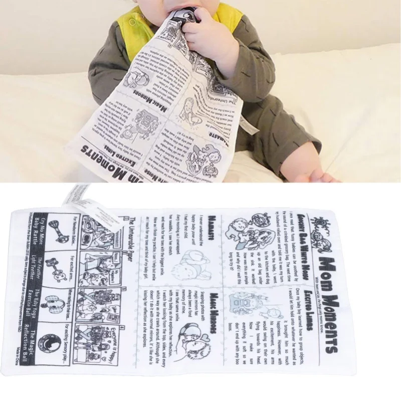 Livro de pano infantil, papel sonoro, primeiro livro de tecido para bebê, jornal de interação educacional precoce, jornal preto e branco