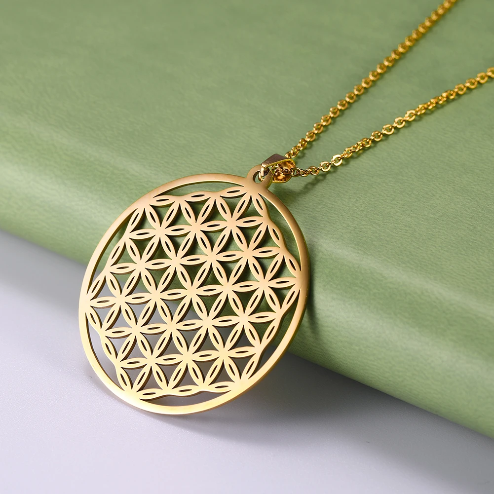 Dawapara Chakra Flower of Life Necklace Sacred Geometry Mandala Pendant Good Luck Amulet Stainless Steel Jewelry New Year Gift