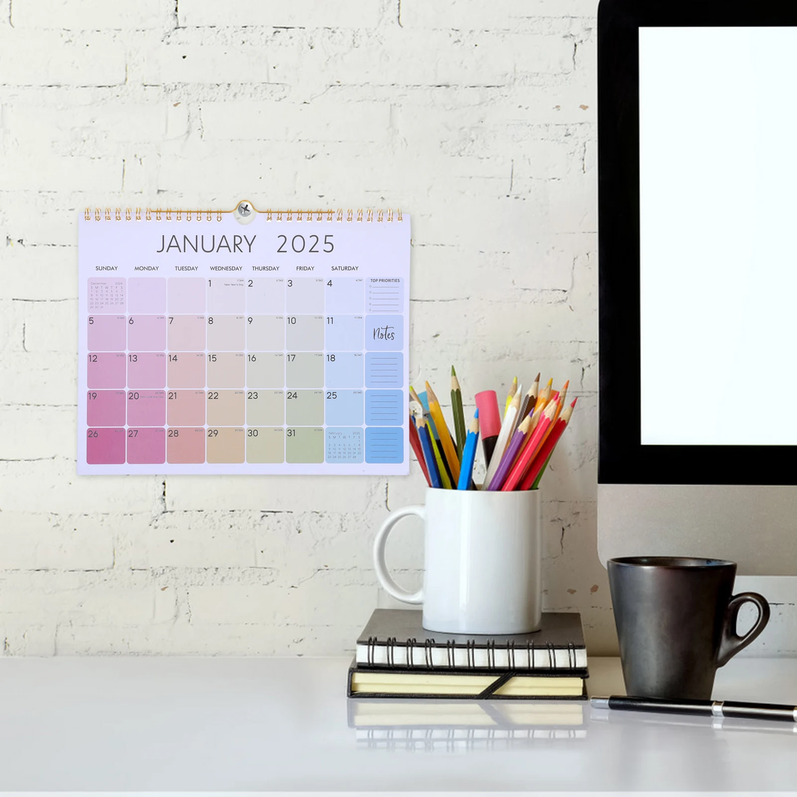 

12pcs 2025 English Calendar Yearly Planner Sturdy Design Monthly Lattice Office Calendar Planner Home School Use