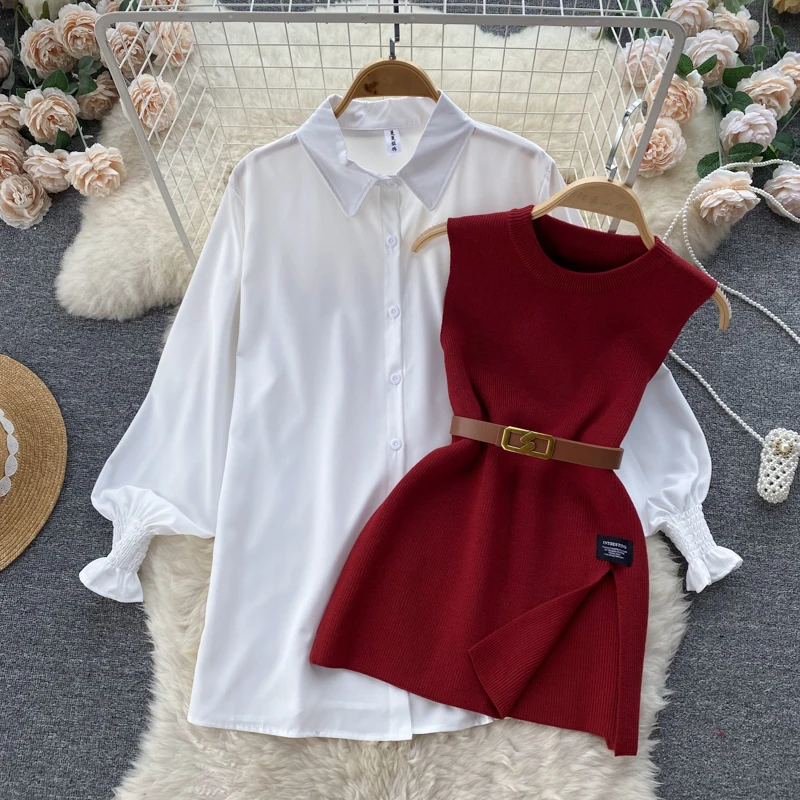 Chic Women Two-Piece Sets Long Sleeve Single Breasted Turn-down Collar Loose Shirt and Knit Split Vest Sashes Korean Casual Top