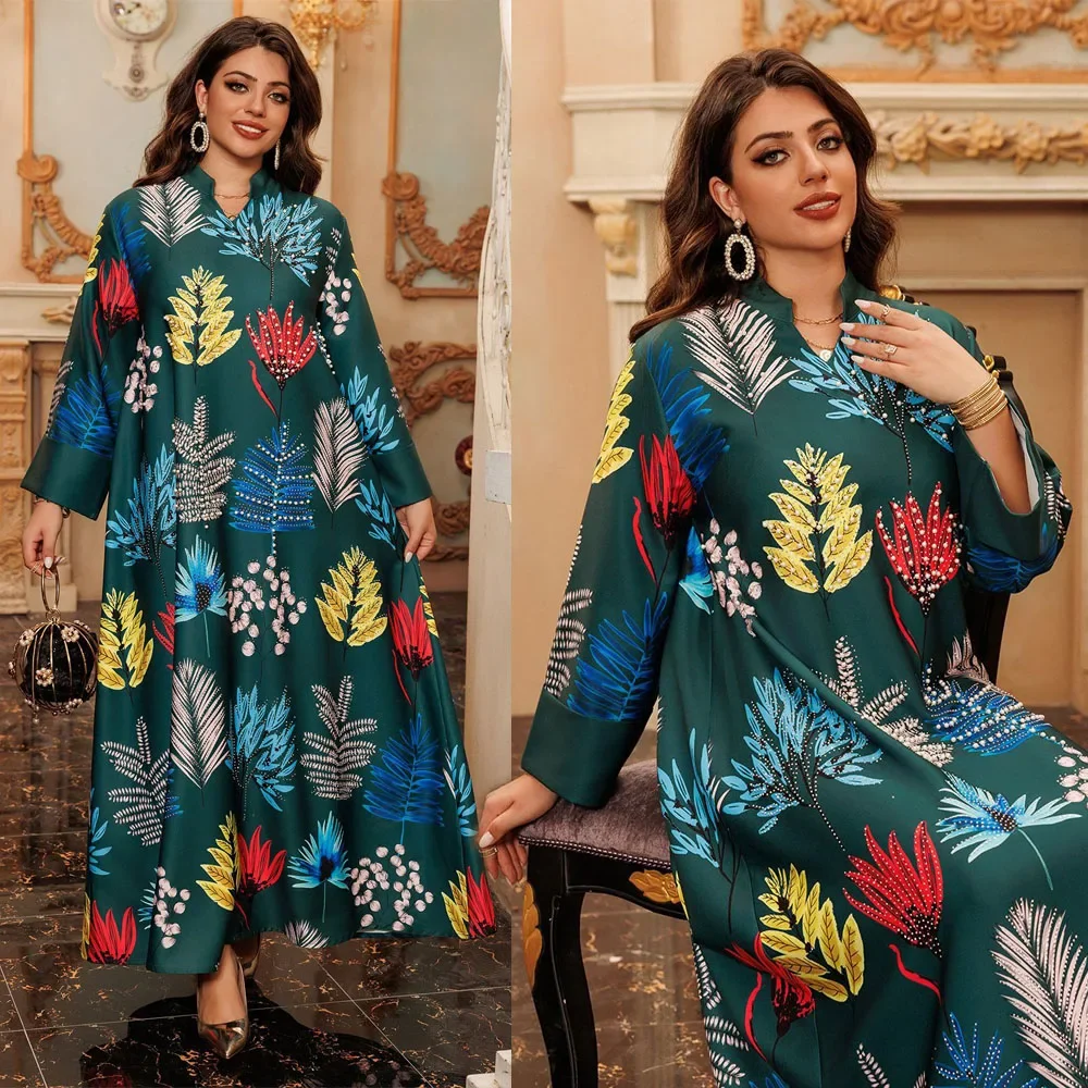 Colorful Leaf Print Abaya Women Muslim Pearls Diamonds Dress Retro Jalabiya Loose Robe Fashion V-neck Caftan Islamic Eid Gown