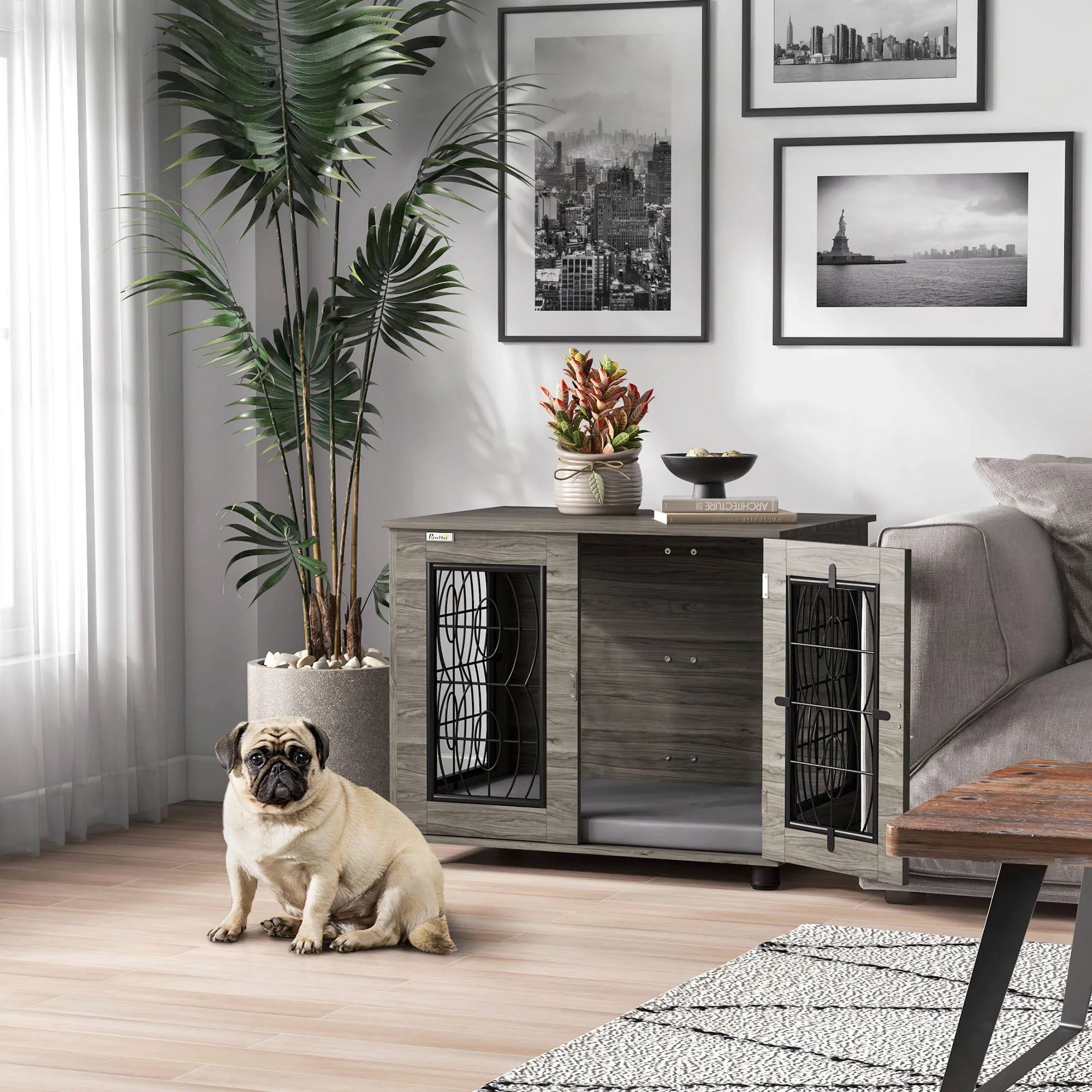 Mobili per gabbia per cani PawHut con cuscino per porta con serratura, scatola per cani in metallo per casetta per cani da interno domestico