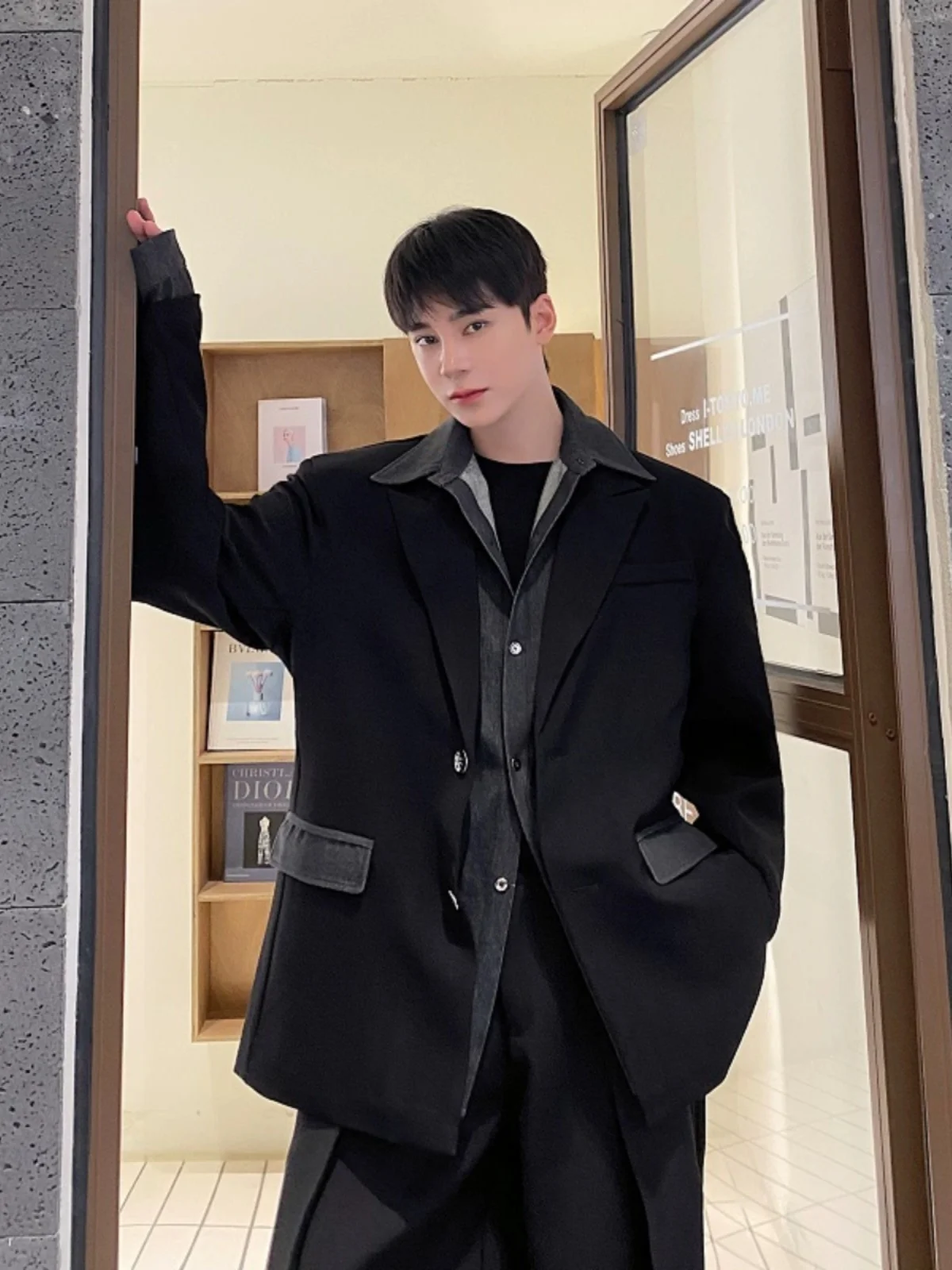 Casual Sle Men's Denim Patchwork oulder Pad Suit Jaet Trendy Korean Version Loose Fit Long Sve Spring Autumn Winter