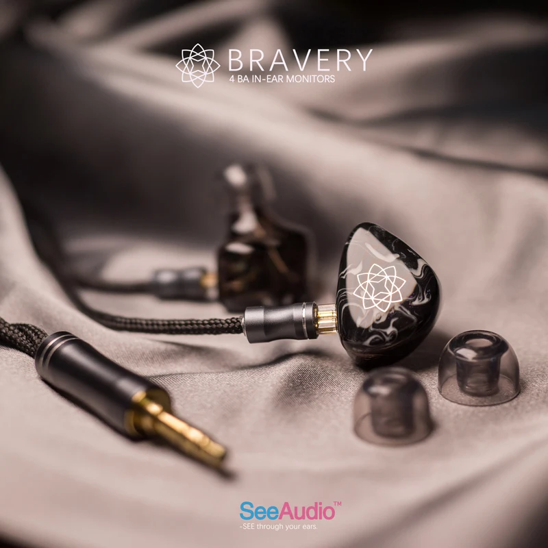 SeeAudio Bravery Black Edition HiFi Earphone 4BA Balanced Armature In-Ear IEM Resin ACG Treble Vocal Music 2Pin Detachable