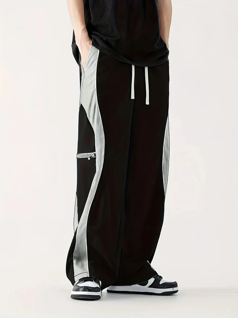 2026 Men's Lightweight Quick Dry Loose Fit Pants Light Block White Piping Zipper Pocket Drawstring Casual Streetwear Trousers 2