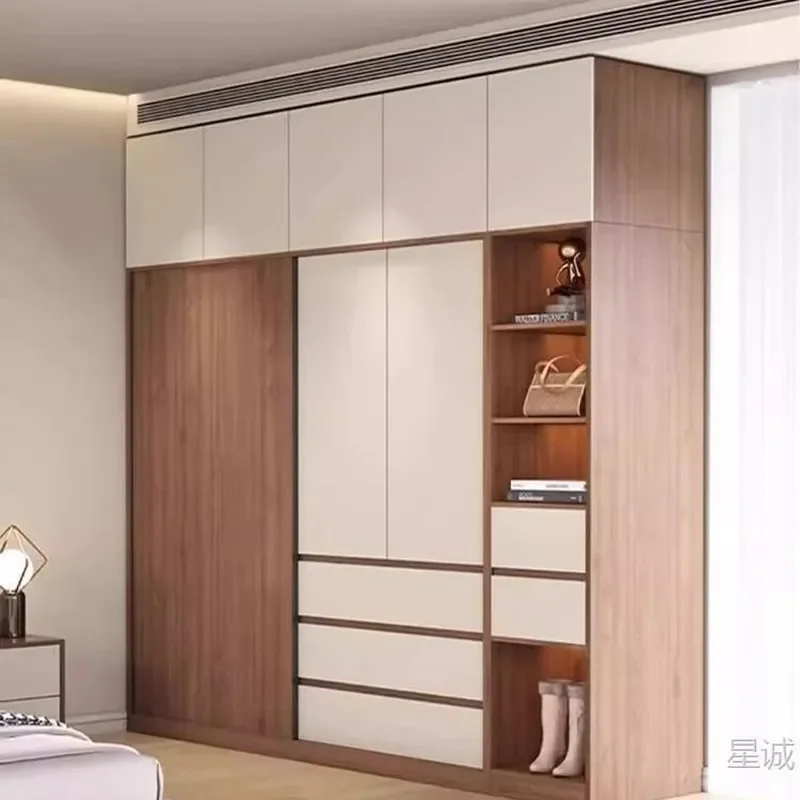 For Small Apartment Bedroom Solid Wood Sliding Door Wardrobe with Drawers Ecological Board Hanging Cabinet Rental Room