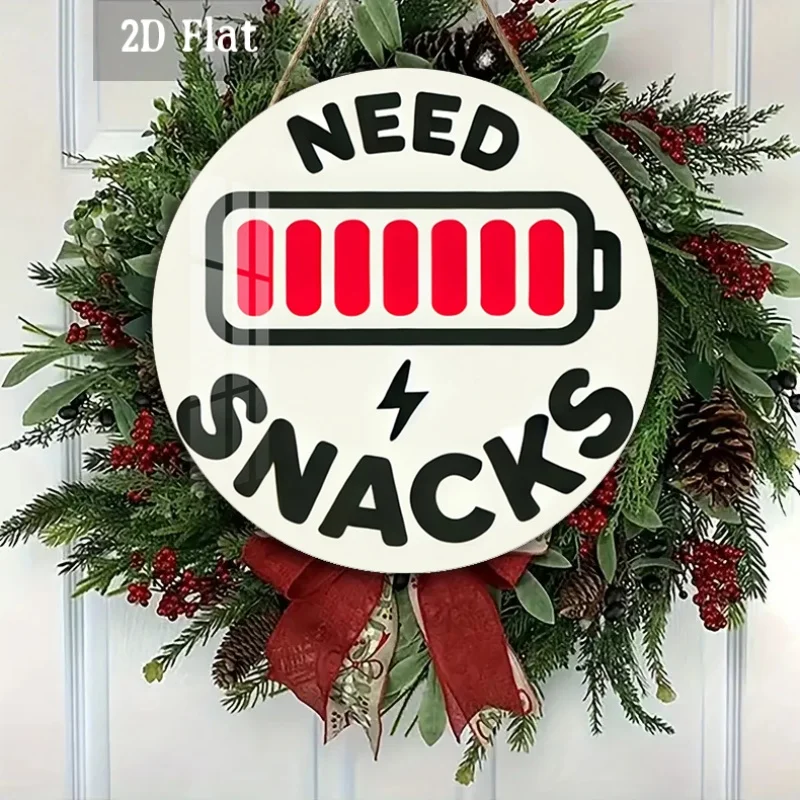 2D Flat - 1pc Need Snacks Battery Round Wood Panel | Humorous for home Decor Round Wall Decor Energy Boost Wall Art - Funny Kitc