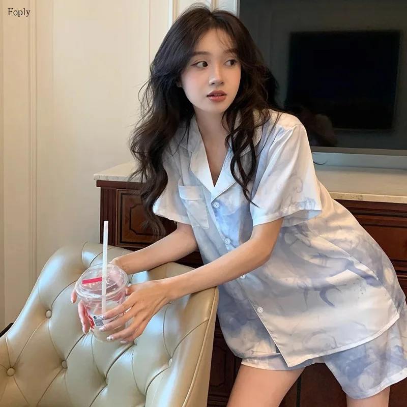 

Print Women Pajamas Set Pijama Silk Satin Pyjamas Women Loungewear Lapel Short-sleeved Homewear Ice Silk Summer Pajamas Woman