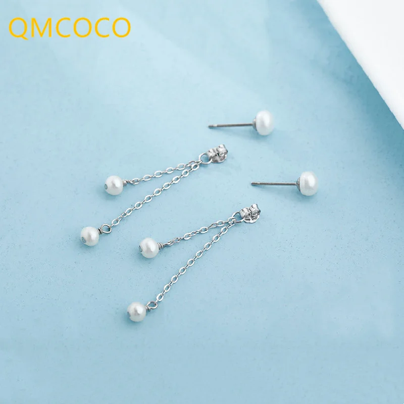 QMCOCO Silver Color Pearl Pendant Eardrop Long Tassel Earrings Korean Trend Temperament Girl Daily Wear Collocation Ornaments