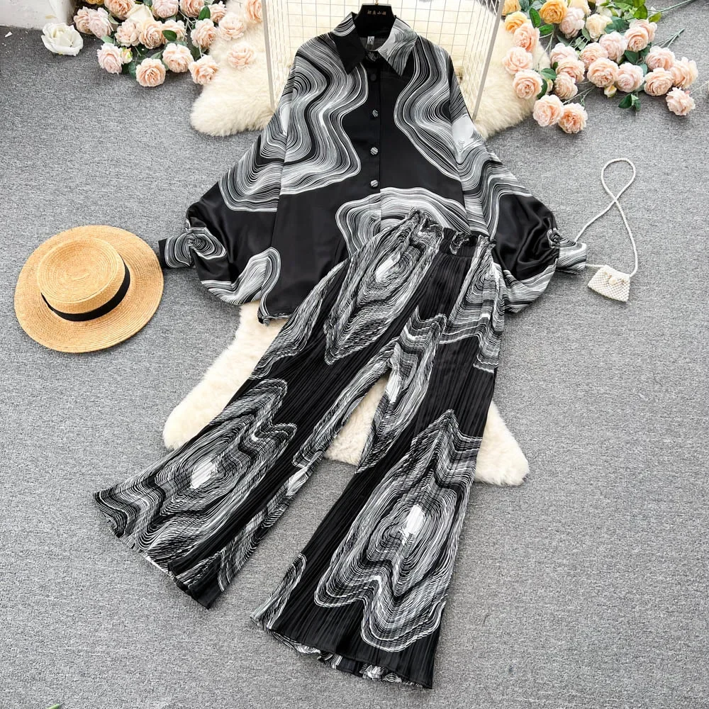 Fashion Print Set Pajama Sets for Women Two-piece Set Loose Lantern Sleeves Shirt High Waist Pleated Wide Leg Pants Home Suit