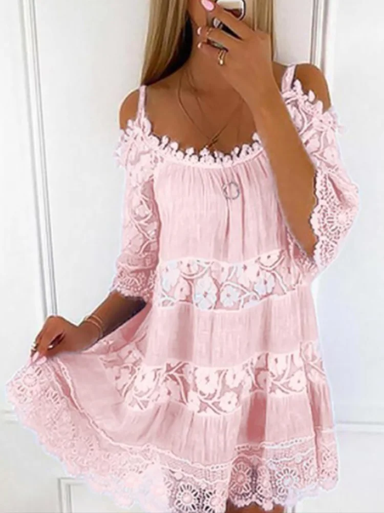 

Women Lace Round Neck Mini Dress Spring Summer Hollow Out Short Sleeve Patchwork Dress Loose Off Shoulder Beach Dress Vestidos