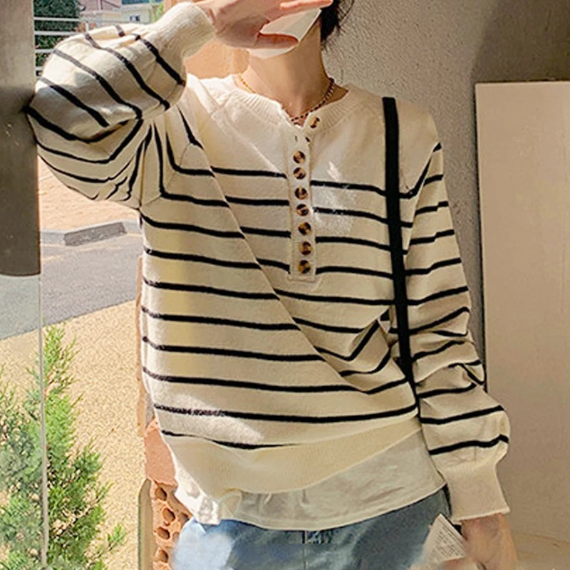 

Loose Long Sleeve Striped Knitted Sweater Fashion Women Thin Pullovers Jumper New Bottoming Tops Autumn Casual Women's Sweaters