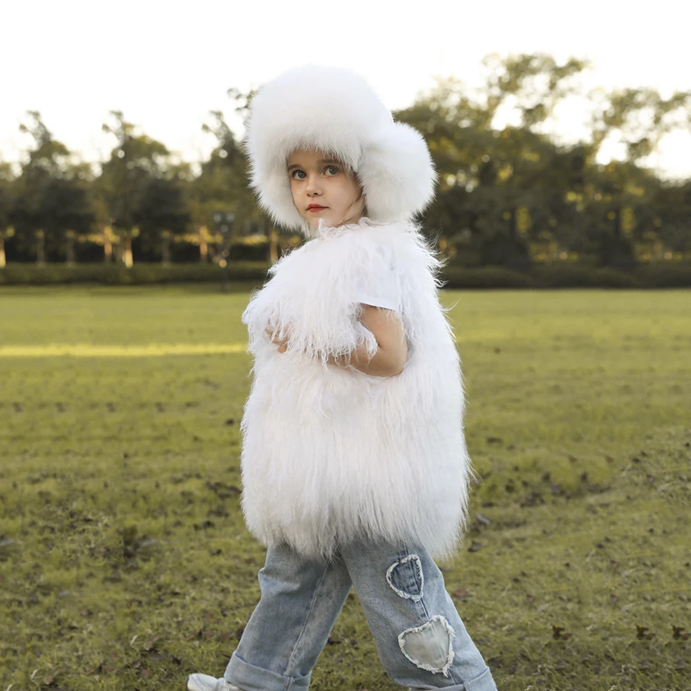 JANEFUR Mongolian Sheep Fur Vest 2023 Fashion Mother Daughter Matching Sleeveless Women Girls Winter Sleeveless Fur Coat