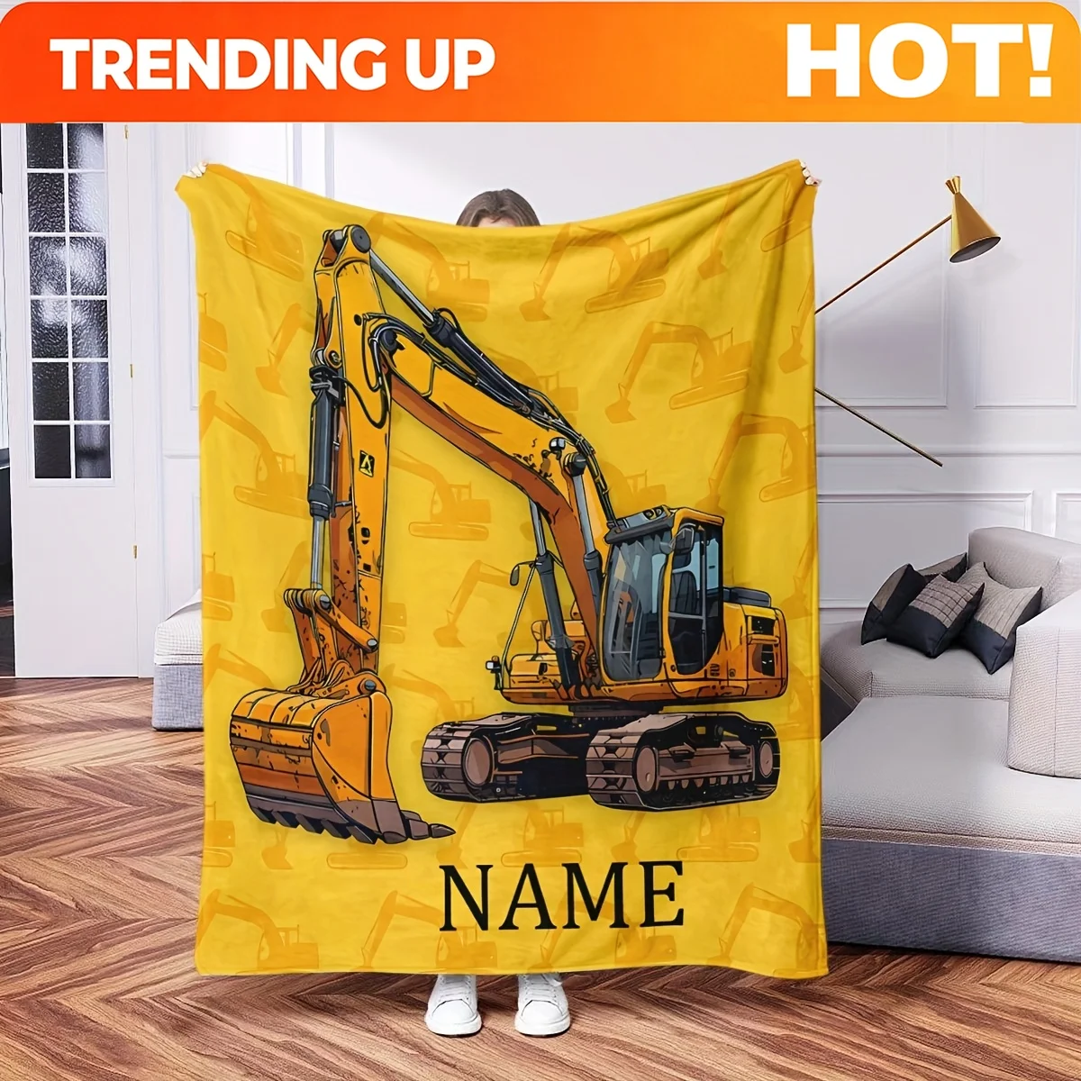 Customize 1pc Ultra-Soft Flannel Custom Name Excavator Pattern Boys & Girls Shawl Blanket - Cozy, Warm, Multi-Purpose Gift for B