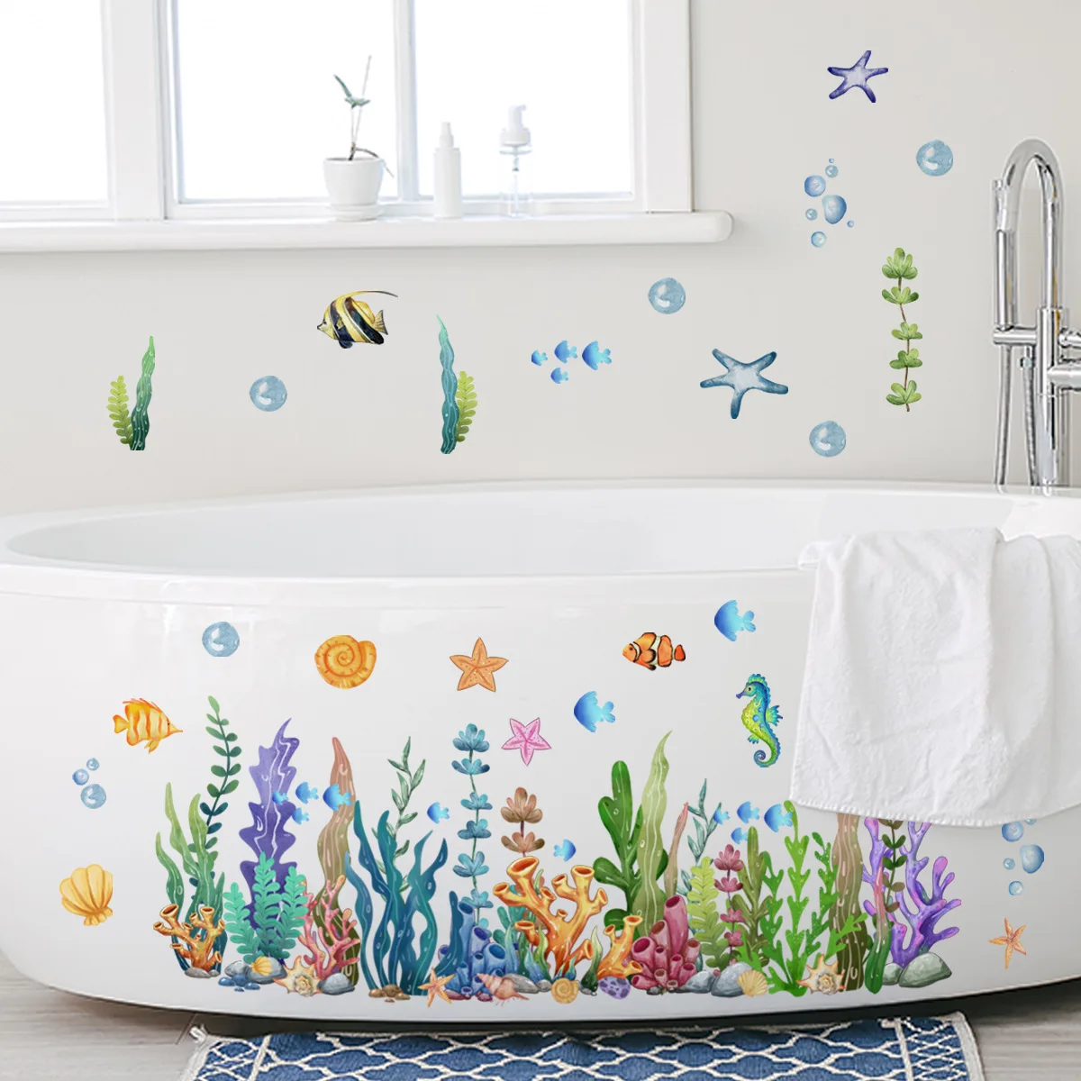 Ocean Sea Animals Fishes and Seaweed Coral Bathtub Sticker for Nursery Bathroom Shower Background Wall Self-Adhesive Decoration