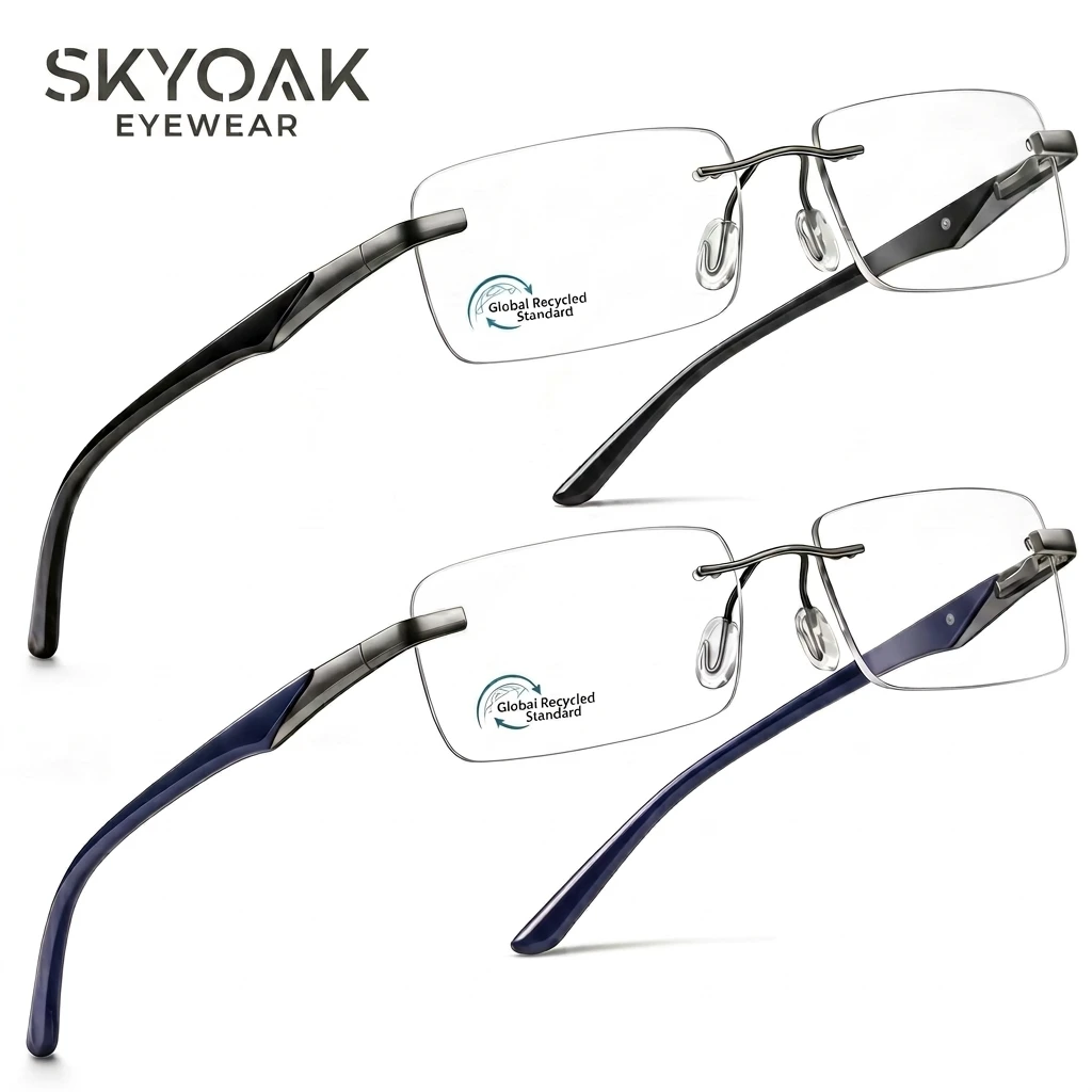 SKYOAK 2 PCS Rimless Progressive Reading Glasses for Men, Frameless Multifocal Blue Light Readers for Mid-Near Range