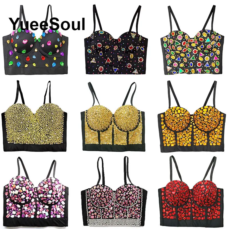 Black Crop Tops Diamond Sequins Pearl Corset Top Bras 2026 New Y2K High Street Party Club Stage Sexy Bustier Women Tank Tops