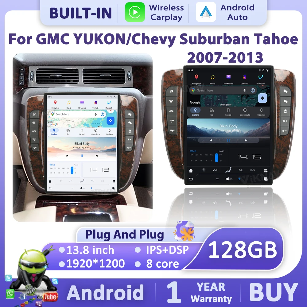 

Автомагнитола Viknav 13.8" на Android для GMC Yukon/Chevy Suburban Tahoe 2007-2013 с сенсорным экраном, поддержкой CarPlay, Android Auto и GPS-навигацией.