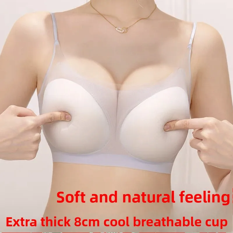 

Бюстгальтер пуш-ап толщиной 8 см из ледяного шелка, бесшовный, для небольшой груди, с эффектом увеличения, летнее сексуальное белье, чашка AB, женское нижнее белье