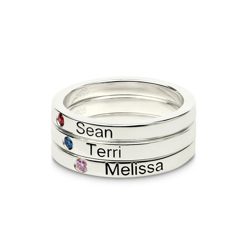 Personalized Stackable Engraved Name Rings with Birthstone Triple Stackable Ring 925 Sterling Silver Custom Jewelry