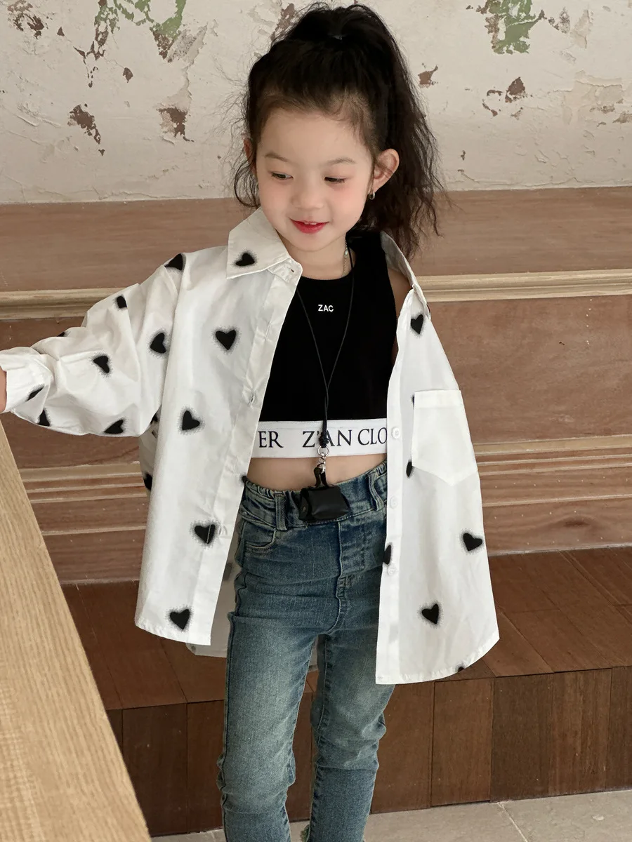 Children's Clothing 2025 Girls' Spring Loose Casual Shirt, Children's American Retro Heart Printed Medium Long Shirt
