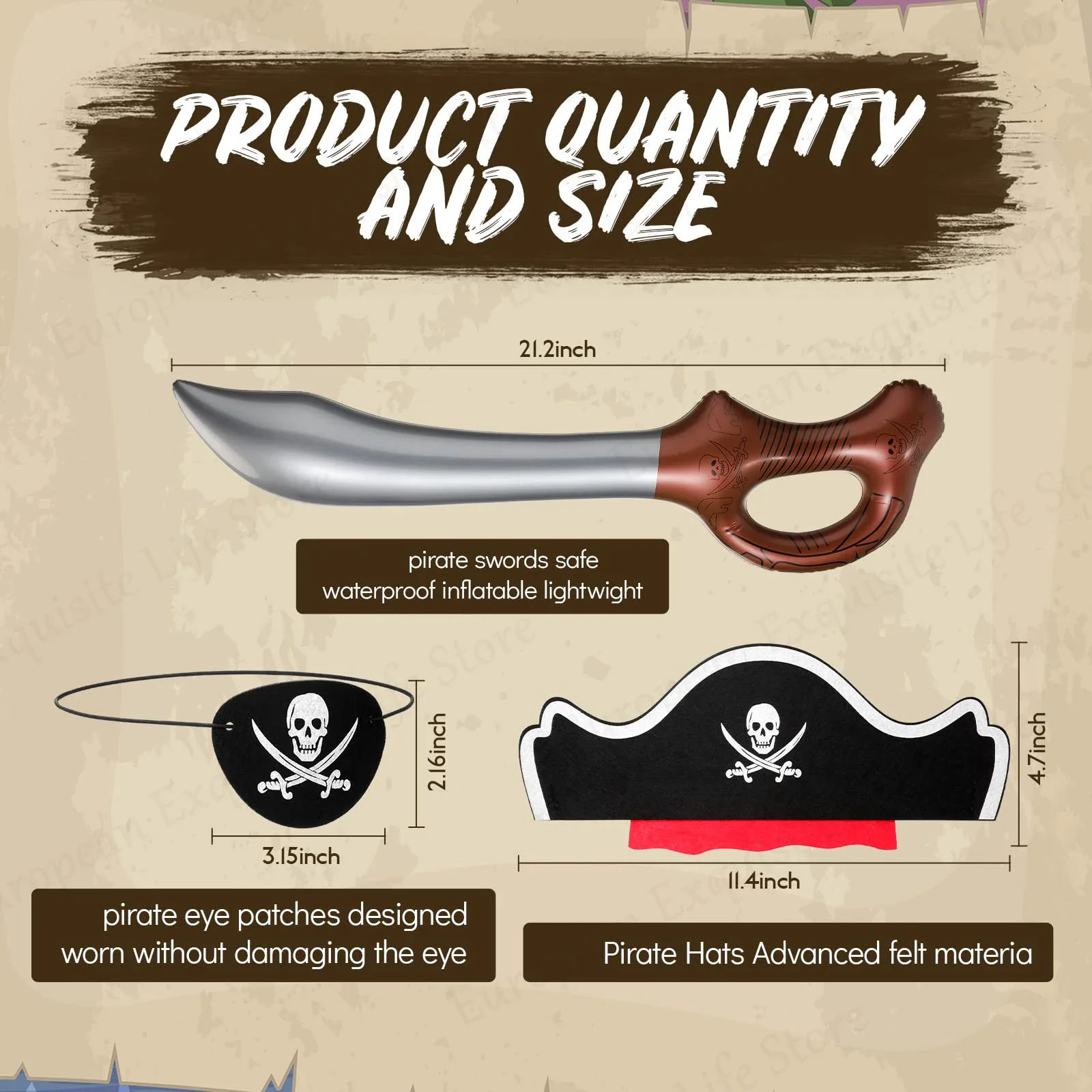 6-48Set Pirate Party Favors for Kids Birthday Gift Pirate Hat Inflatable Sword Eye Patches Decor Props Halloween Costume Cosplay