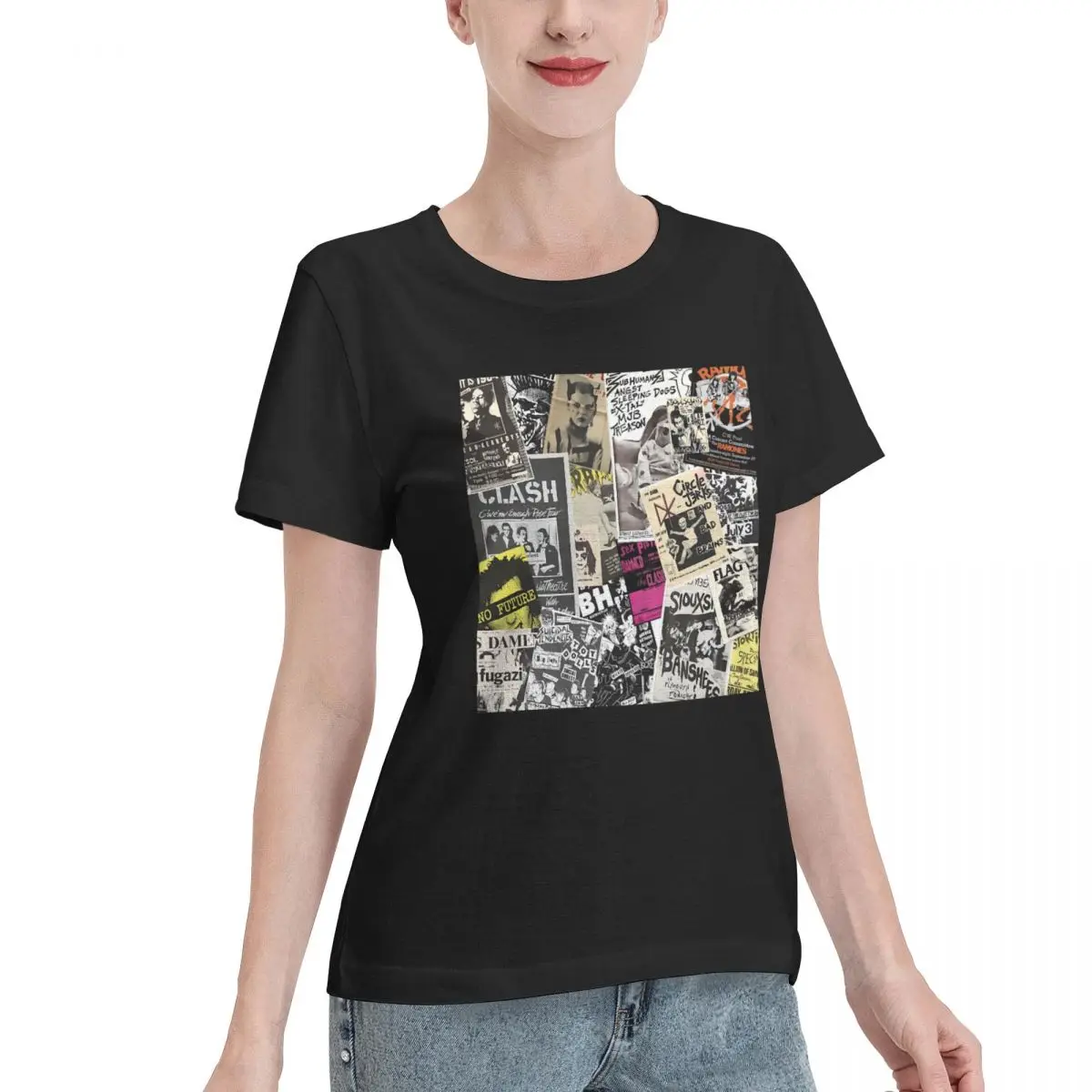 Fast Shipping Punk Rock Music Flyers Collage Flannel Women's T-shirt Party Basic Tops For Women