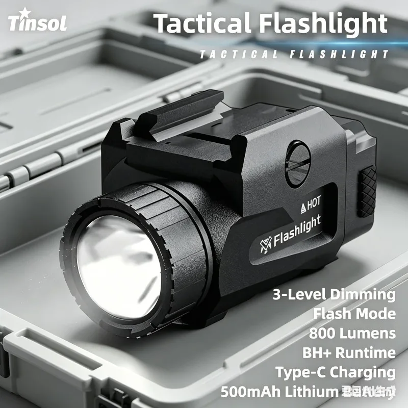 TINSOL 800LM Bright Tactical Lamp 4 Gear USB Chargable Quick Detach Pistol Outdoor Hunting Picatinny Rail Mount