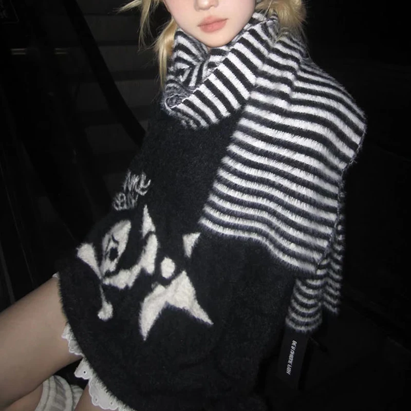 Winter Y2k Clothes Gothic Skulls Sweater Grunge Aesthetics Knitted Jumper V-neck Harajuku Loose Mohair Pullover Emo Knitwear - Image 2