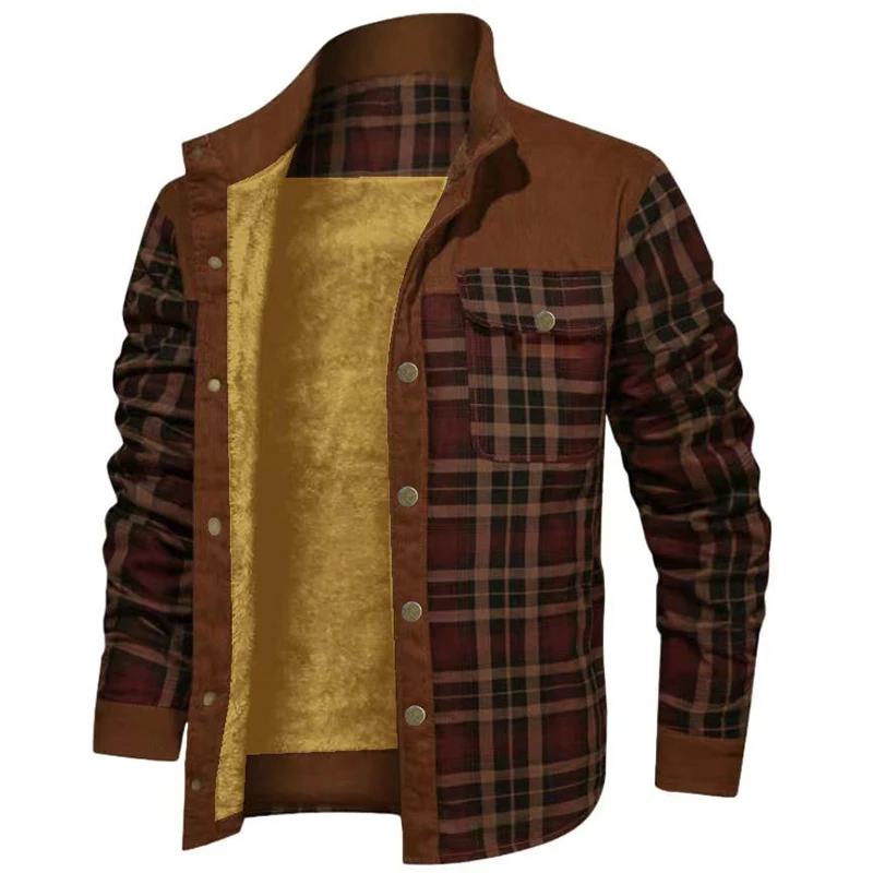 Thick Warm Men Plaid Shirt Fleece Man Jackets Casual Male Winter Outerwear Corduroy Shirts Patchwork Coats Men\'s Clothing New