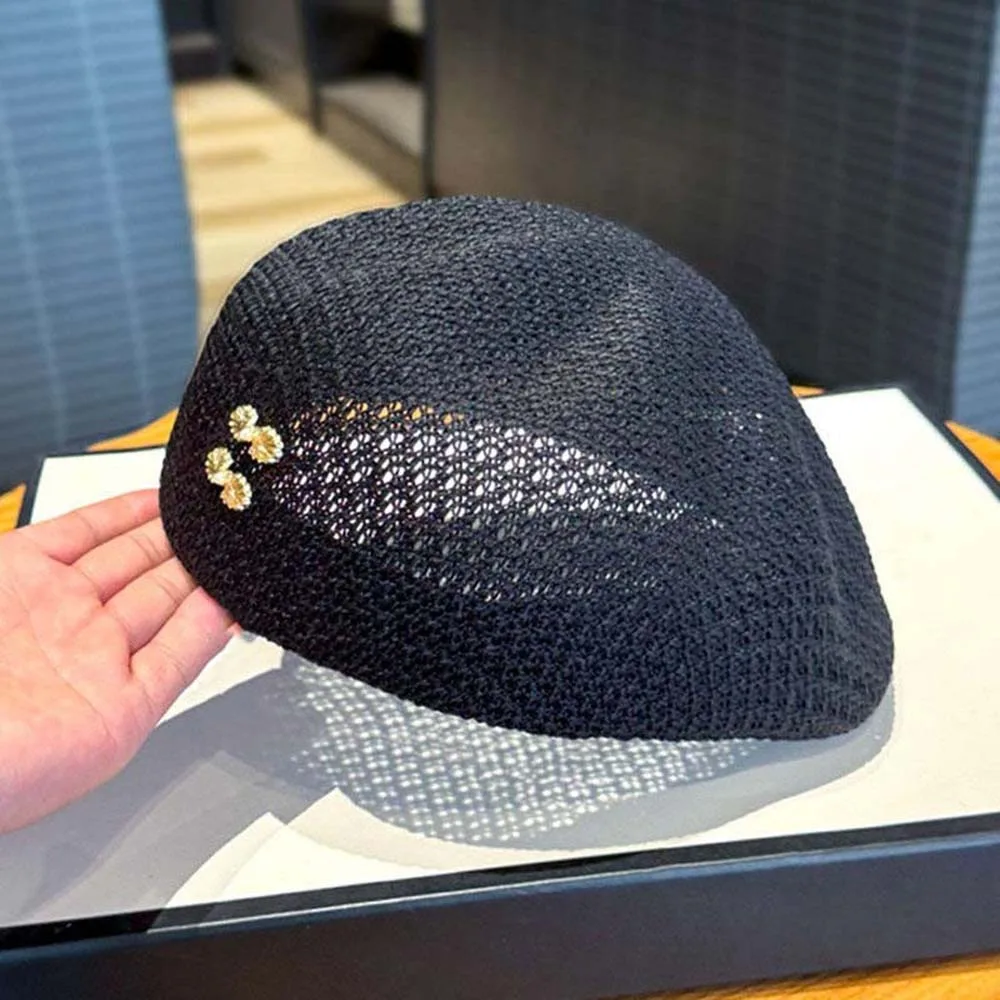 Solid Color Woven Sun Beret Cap Big Head Circumference Versatile Straw Artist Hat Polyester Sunscreen Hollow Out Forward Cap