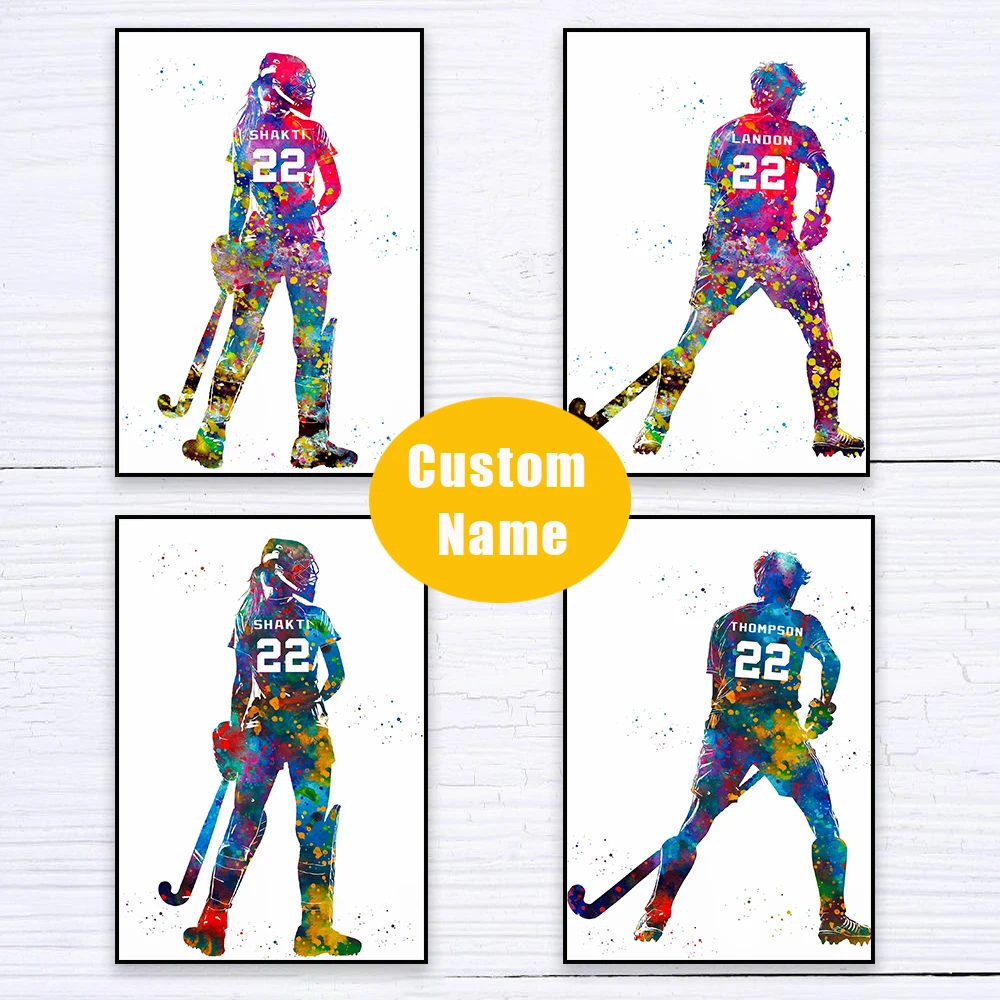

Field Hockey Player Personalized Art Poster Cartoon Custom Name and Number Sport Watercolor Prints Goalkeeper Girl Canvas Prints