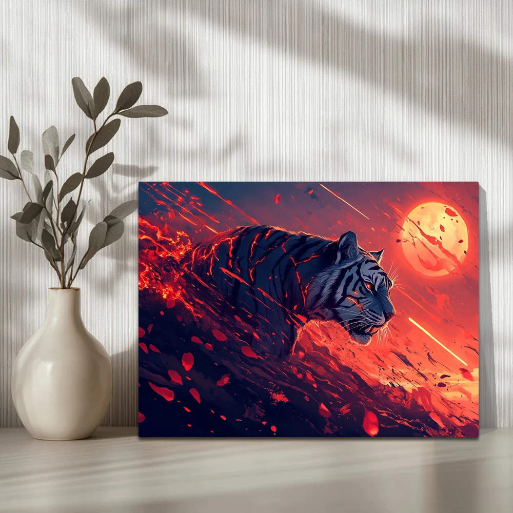 1pc,Angry Tiger, Deep Red Moon A, Modern Canvas Wall Art,  Waterproof Wall Painting Poster Picture Art,  Framed, 16x12inch