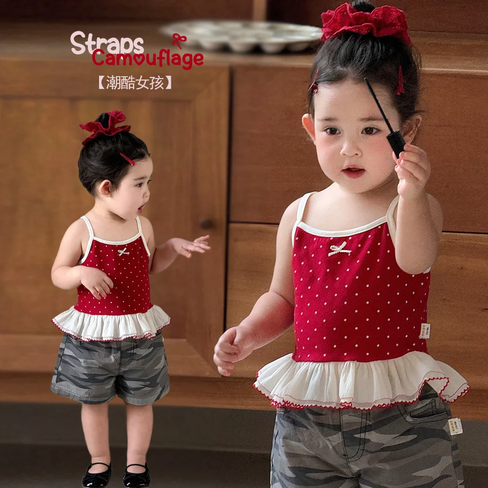 

2026 New Baby Girls Summer Korean Style Outfits Red Polka Dot Camisole Tops & Camo Pants Fashion Cute 2PCS Set Toddler Kids Vest
