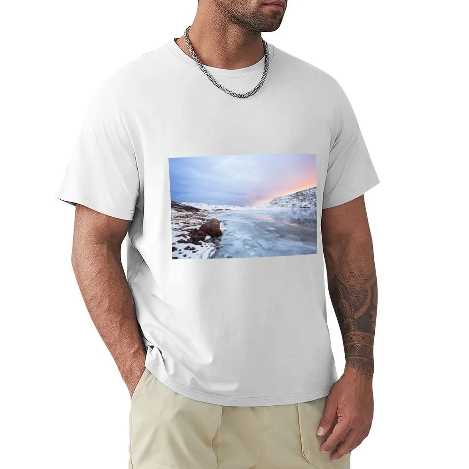 Iceland Winter Waterscape Mountains Sunset T-Shirt heavyweights new edition workout shirts for men