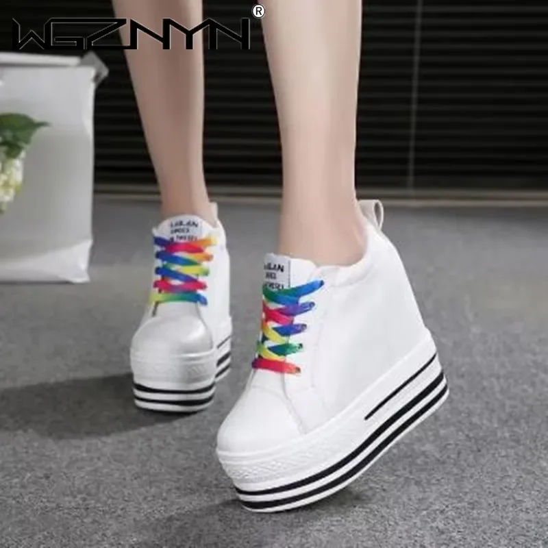 New Women 10CM Heels Wedge Canvas Shoes Woman High Platform Sneakers Vulcanized Shoes Hidden Heel Height Increasing Casual Shoes