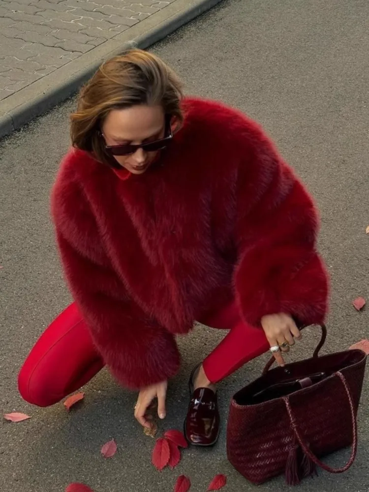 Mode Rode Nepbontjassen Vrouwen Herfst Winter 2025, Nieuwe Vintage Cropped Faux Fur Jasje Pluizige Harige Dikke Warme Bovenkleding