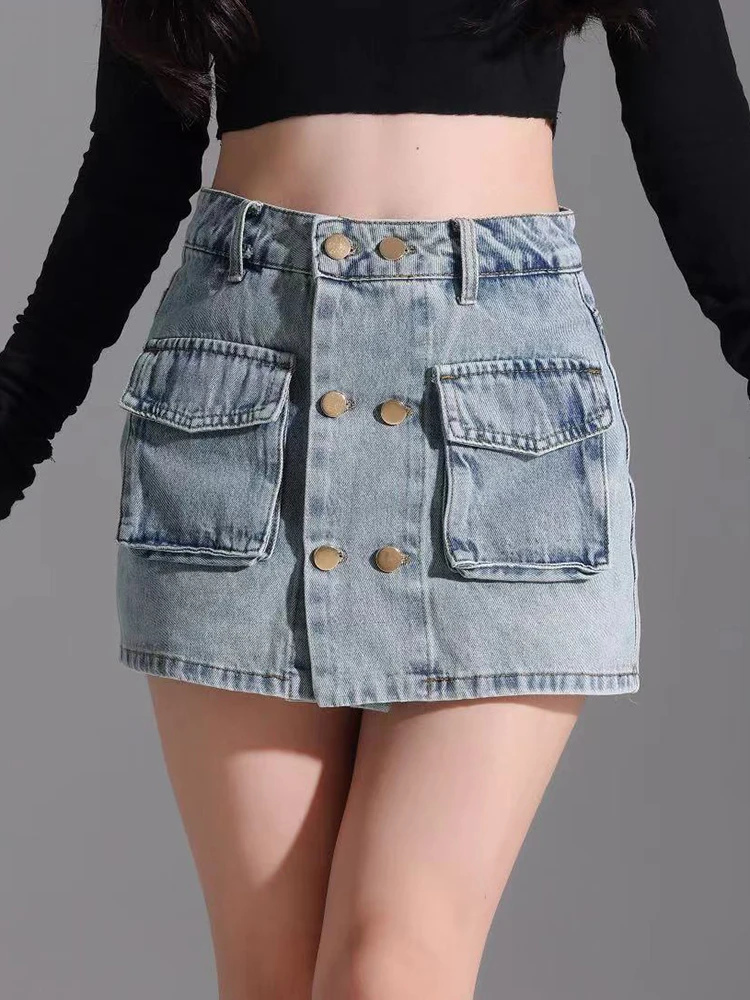 

Vintage Women Fashion Blue Black Denim Solid Double-Breasted Split Mini Skirt Shorts Retro High Waist Female Chic Skirt Pocket