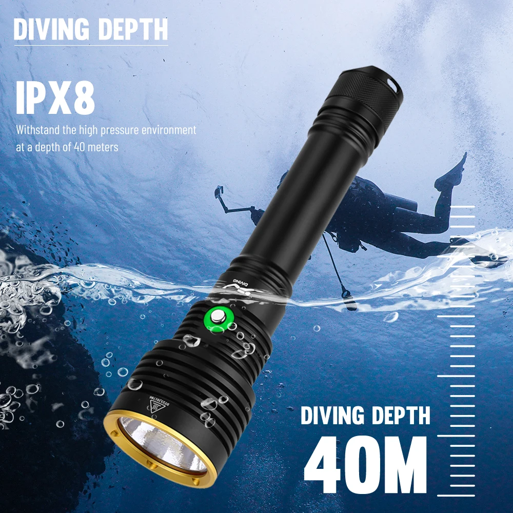 Asafee 40M Diving Flashlight XHP70 LED Lamp Underwater Canister Waterproof Torch Dive Lantern SOS Light