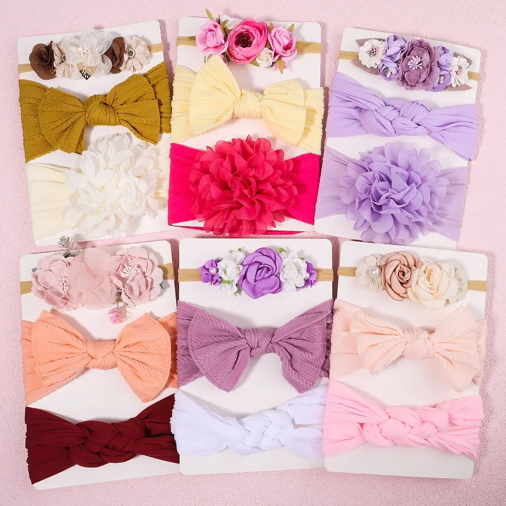 Conjunto de 3 tiaras elásticas para a menina, tricotar tiaras com flor, turbante de nylon, acessórios de cabelo recém-nascido