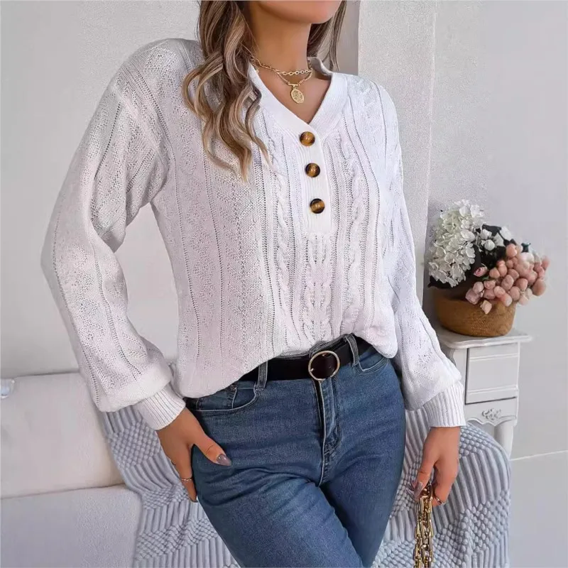 Solid Color Women's Sweater Knitting Autumn And Winter 2024 New Fried Dough Twists V-neck Button Lantern Sleeve Sweater Fashion