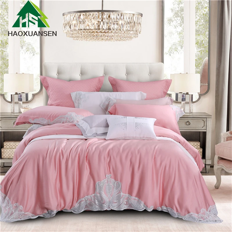 Elegant Lace 4/7Pcs Bedding Sets Princess Pink Duvet Cover Sheets Pillowcase Fashion Noble Super Soft 1000TC Lyocell Fabric