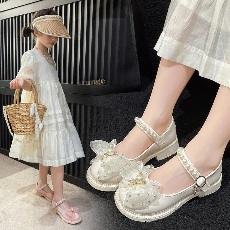 Girls Mary Jane Shoes Children Lace Pearls Princess Shoes with Bow-knot Kids Leather Shoes for Party Wedding Elegant Non-slip